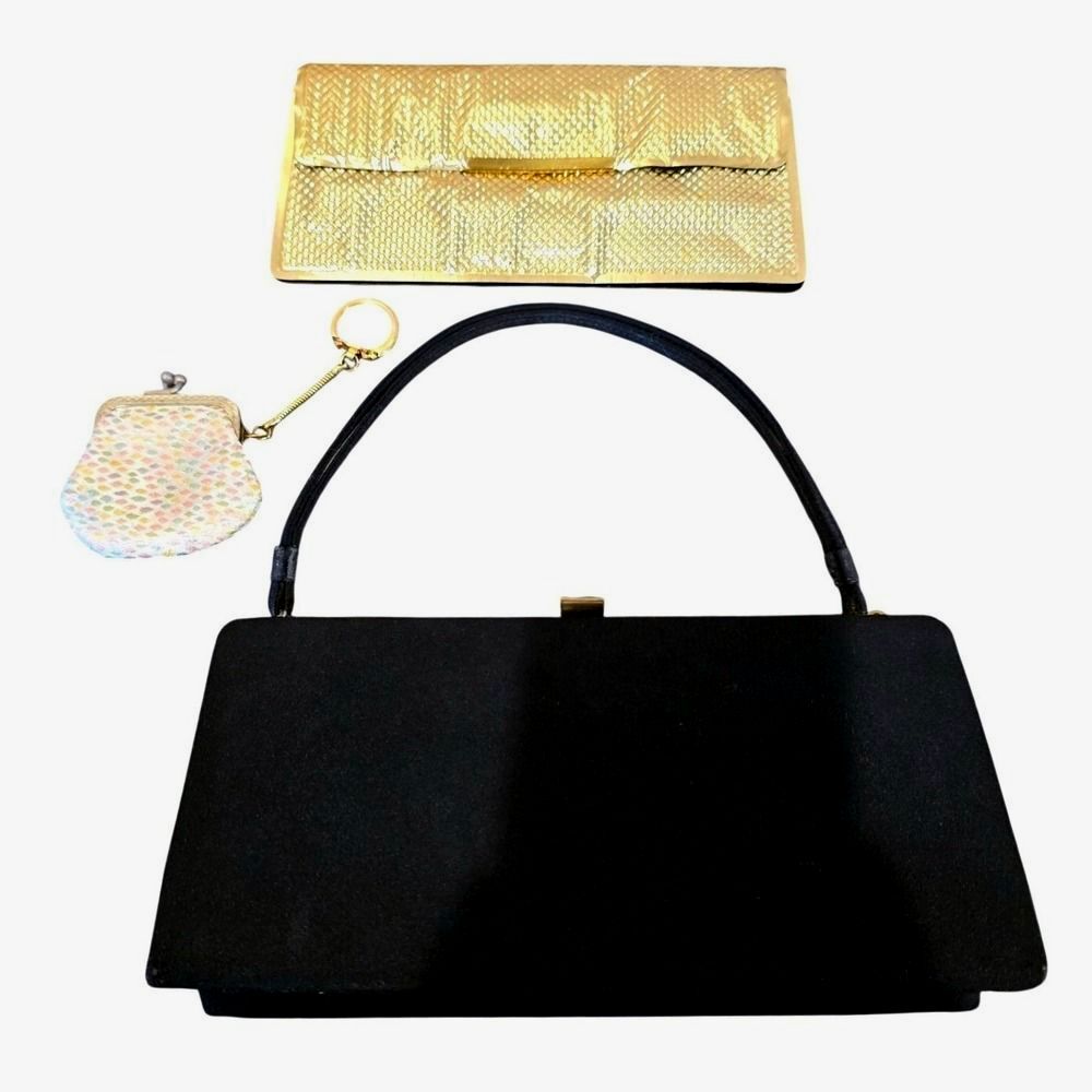 Vtg 1950s 1960s Evening Clutch Set 3pc Black Satin Purse Gold Wallet Coin Pouch